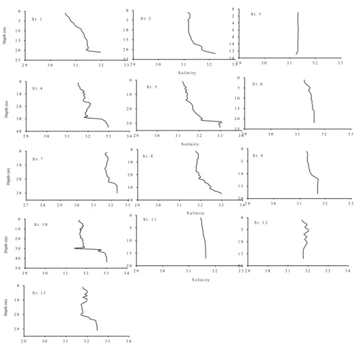 Fig. 5. Vertical distribution of salinity in August 22-24 (2 nd  field survey), 2009.