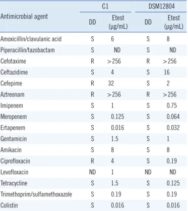 Table 1.  Antimicrobial susceptibility profiles Antimicrobial agent C1  DSM12804 DD (µg/mL)Etest  DD (µg/mL)Etest  Amoxicillin/clavulanic acid S 6 S 8 Piperacillin/tazobactam S ND S ND Cefotaxime R &gt;256  R &gt;256  Ceftazidime S 4 S 16 Cefepime R 32 S 2