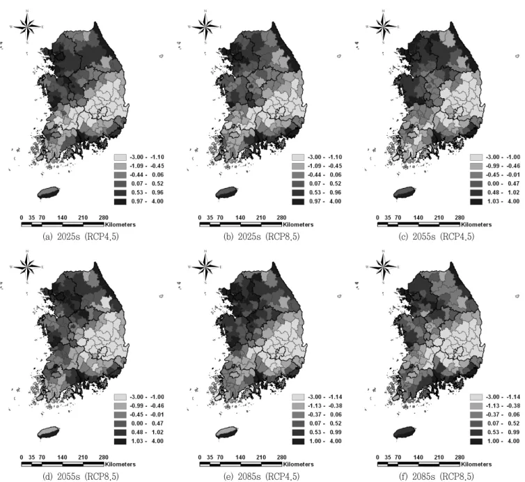 Fig.  7  Future  flood  risk  index  based  on  RCP4.5  and  8.5  scenarios  (Park,  2013) 으로  나타났다