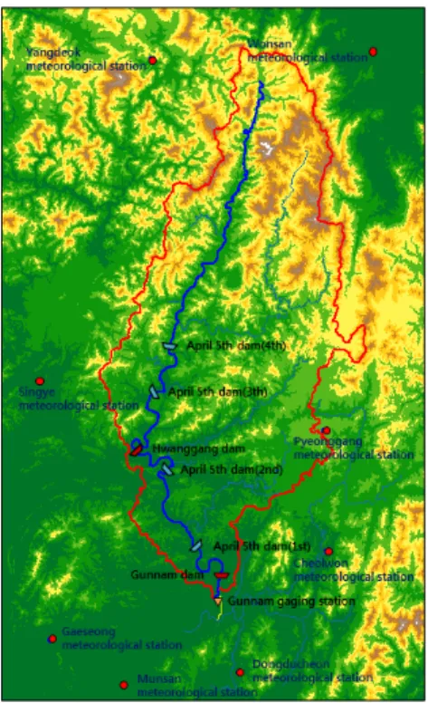 Fig. 1. The topographic map of Imjin river basin. 가 형성되어 있다 . 따라서 인구밀집지, 농경지 및 기반 시설들이 집중된 하류부에서 홍수시 상대적으로 수해 가 심해가 발생할 개연성이 높은 유역이다 (경기개발 연구원 , 2010)