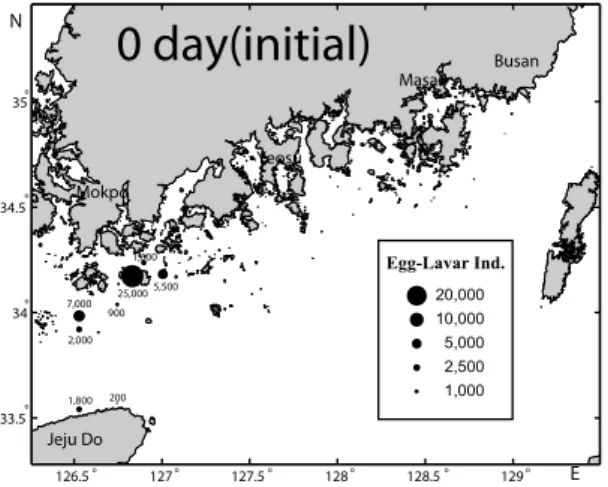 Fig. 4. The initial distribution of anchovy egg-larvae.