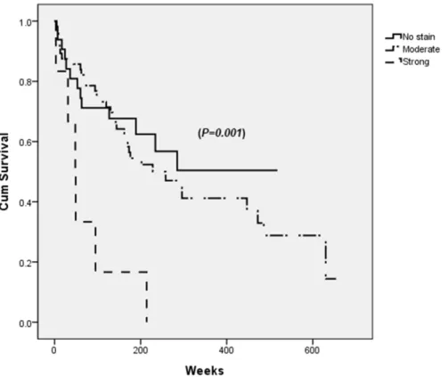 Figure 2: Survival after the curative resection of hepatocellular carcinoma (HCC) according to PDGFRα expression  in tumor site