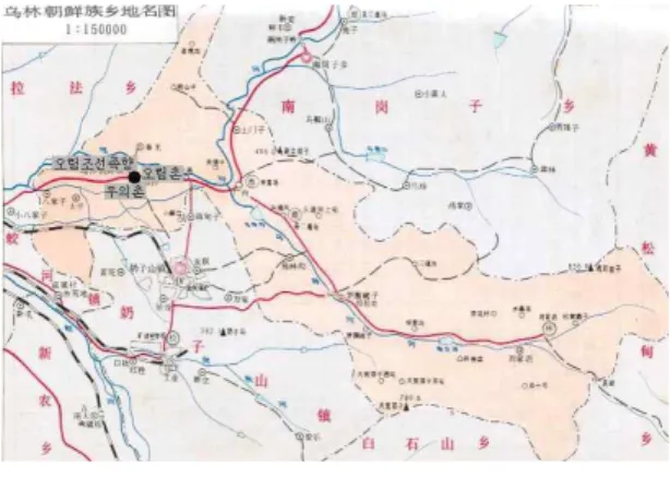 Fig. 2 Map of Wu-lin Village(1986.) 도 장춘의 동측에 있으며, 교하시 동측은 연변조선족 자치주를 면하고 있다. 교하시는 7개소 진과 11개소 향으로 이루어져 있으며 그 중 오림조선족향이 조선족향이다.오림조선족향에는 조선족 마을 팔가자둔, 태평둔, 우의촌,소신립둔이 있다