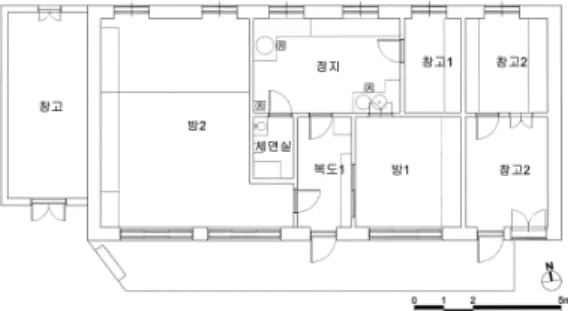 Fig. 16 View of Lee Wi-yeon’s House서 대부분 가옥은 정지를 꾸밀 때 좌우측 온돌방 배면에일자로 길게 꾸미거나 한쪽 온돌방을 작게 하여 한쪽으로 정지를 몰아 공간을 좀 더 넓히고자 한다
