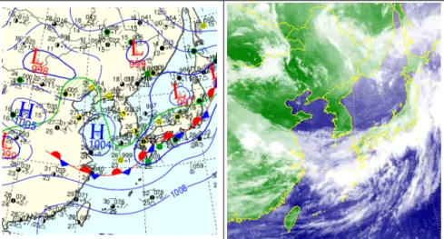 Fig. 2. Surface pressure analysis for 0900 LST 22 July 2009(left) and MTSAT infrared satellite picture of the  Korea for 0933 LST 22 July 2009(right)