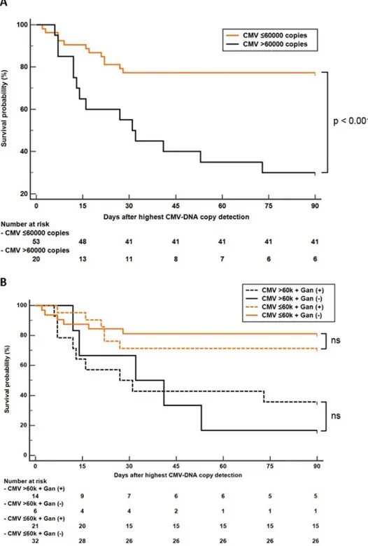 Fig 1. Kaplan-Meier survival analysis of patients with autoimmune disease and CMV infection according to CMV-DNA copy number