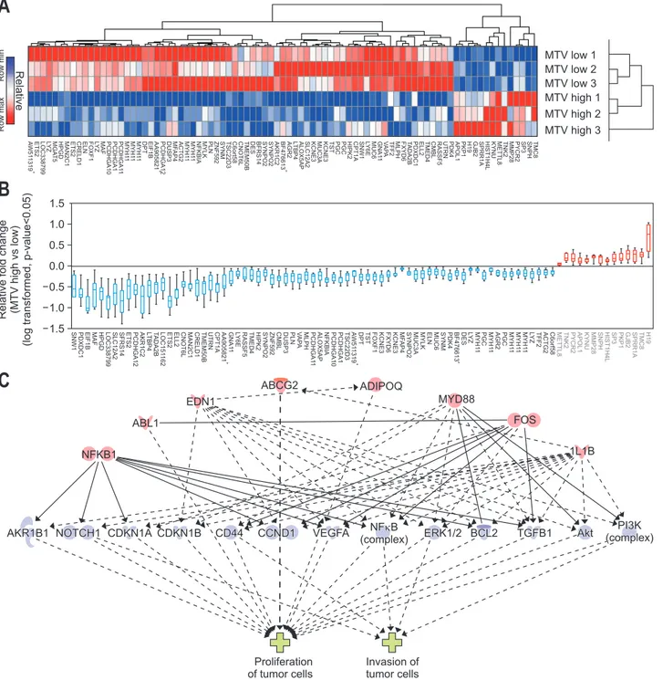 Fig. 5. Hierarchical clustering &amp; significant genes heat map comparing metabolic tumor volume (MTV) high versus low (14 upregulated genes  and 71 downregulated genes)