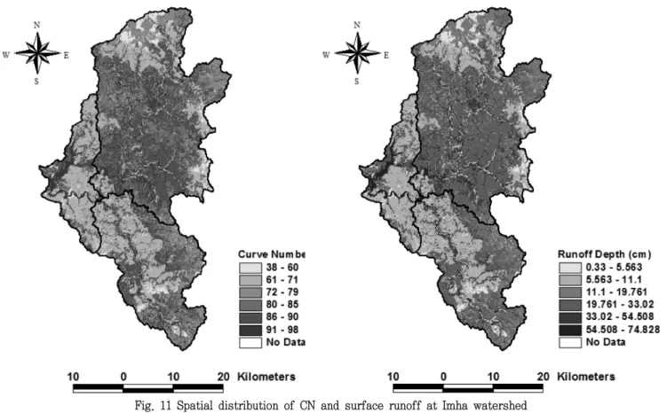 Fig.  11  Spatial  distribution  of  CN  and  surface  runoff  at  Imha  watershed