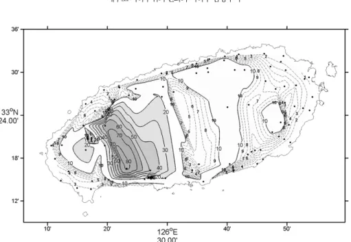 Fig. 9. The distribution of groundwater level rise above the base level in Jeju Island at the time of maximum recharge  volume just after the typhoon Nari in 2007.