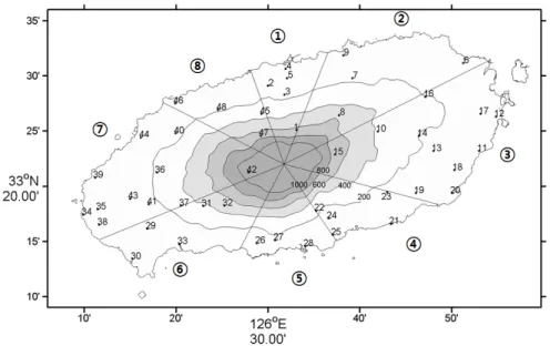 Fig.  1. Maps of monitoring stations for precipitation and 8 sections. Numbers for contour indicate altitudes above mean sea  level in meters