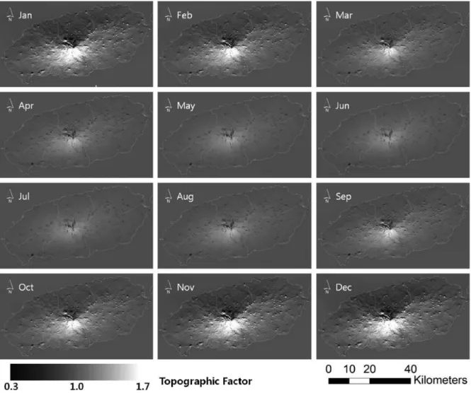 Fig.  3  Monthly  topographic  factor  trends  of  solar  radiation  considering  surface  slope  and  aspect  at  Jeju  island그러나  일조시간과  일사량은  상호  높은  상관관계를  보여  일조시간을  이용한  미관측지점의  일사량  추정에  유용한  것으로  판단된다.2