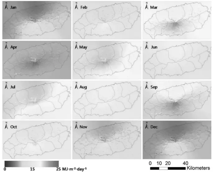 Fig.  6  Spatial  distribution  of  monthly  average  daily  incoming  solar  radiation  considering  surface  slope  and  aspect  in  2011