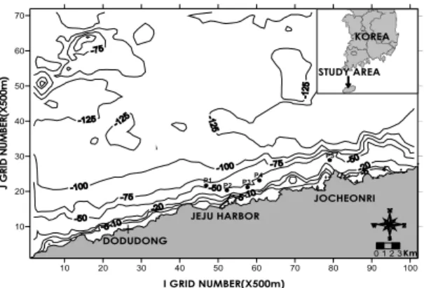 Fig. 1. Research area and observation points(depth in meter).
