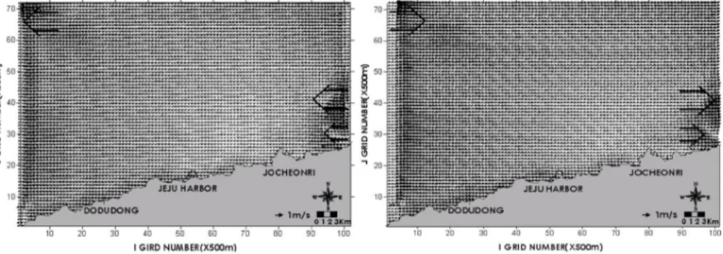 Fig. 7. Horizontal distribution of surface in maximum spring flood(upper) and ebb(lower).