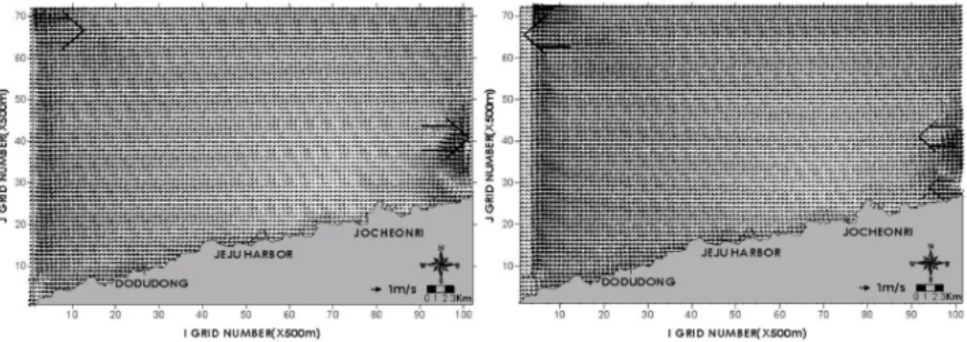 Fig. 10. Horizontal distribution of surface in max. spring flood(upper) and ebb(lower)