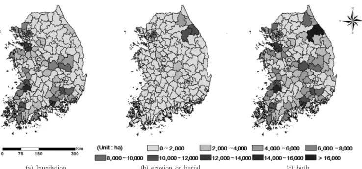 Fig.  2  Spatial  distribution  of  damaged  areas.  The  values  are  accumulated  over  a  13-year  period  from  1998  to  2010