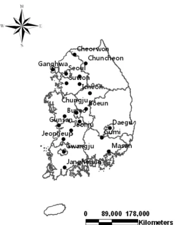 Fig.  1  Location  map  of  the  weather  stations  in  South  Korea