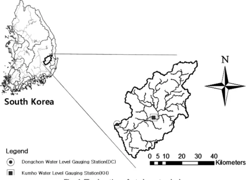Fig.  1  The  location  of  study  watershed역면적,  평균유역경사,  기저유량  감수계수를  이용하여  미계측  산지하천  유역의  평균갈수량과  기준갈수량을  산정하는  회귀식을  제시하였으며,  Cho  et  al