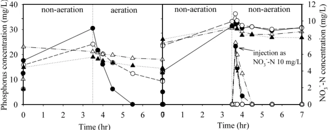 Fig. 13. Variation of phosphorus and nitrate concentrations (● R1, ○ R2, ▲ R3, △, R4)
