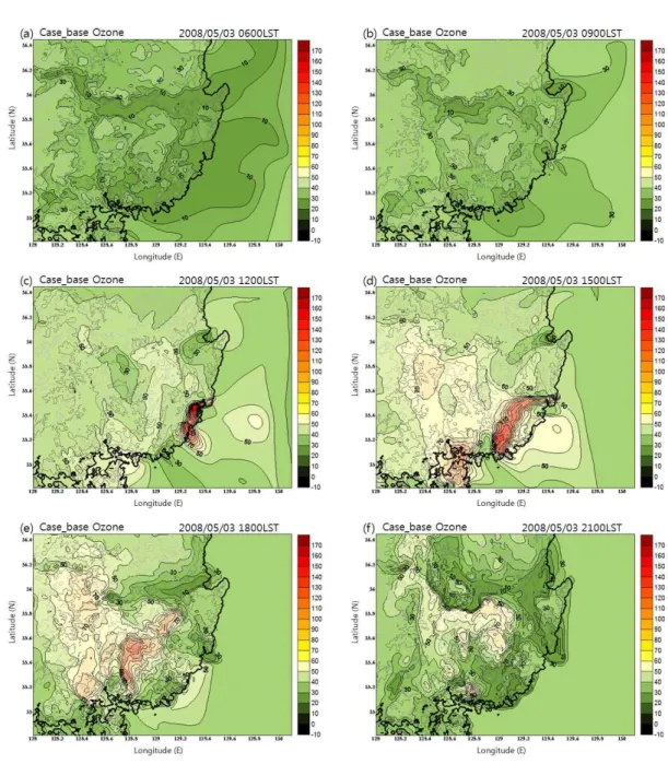 Fig. 8. The horizontal distribution of case BASE simulated ozone concentration at three hour intervals on 3 may 2008.