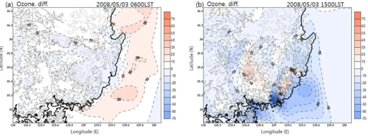Fig. 10. The horizontal distribution of case T_up and case BASE ozone concentration difference