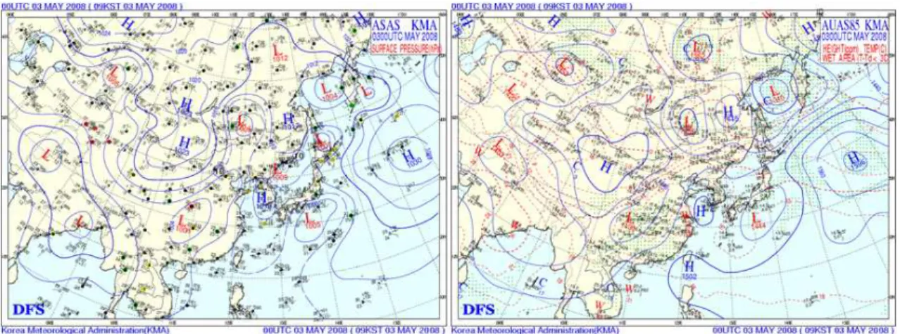 Fig. 1. Surface and 850 hpa weather chart at 0900LST on 3 May 2008.