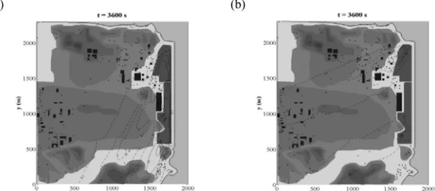 Fig. 9. The PM10 concentration fields in the cases of (a) F1010_q243 and (b) F1010_q211.