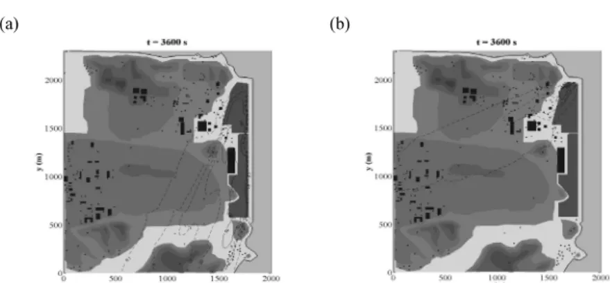 Fig. 12. The PM10 concentration fields in the cases of (a) F12WB_q243 and (b) F12WB_q211.