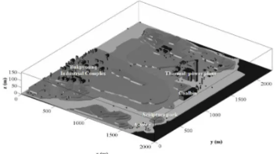 Fig. 3. The model buildings and topography constructed in  the CFD model as an input data.