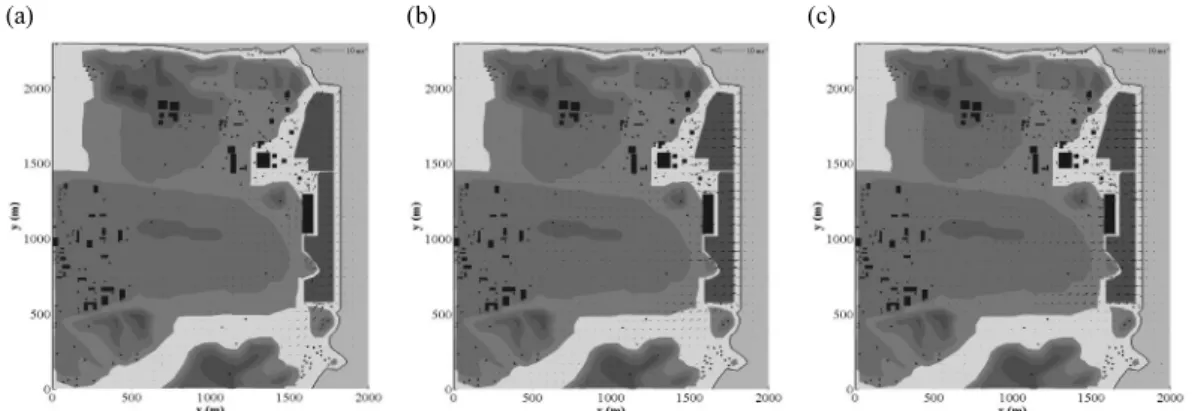 Fig. 7. The distributions of wind-vector difference between the F1215 and F1210 cases at the height of 1.25 m above the terrain  in the cases of (a) q243, (b) q211, and (c) q180.