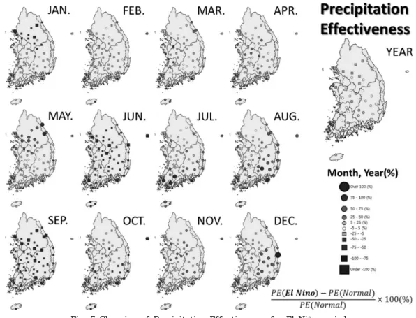 Fig.  7  Changing  of  Precipitation  Effectiveness  for  El  Niño  period 1.  건조지수 엘니뇨가  발생하였을  때  우리나라는  건조지수가  전반적으로  낮 아지는  것을  알  수  있다