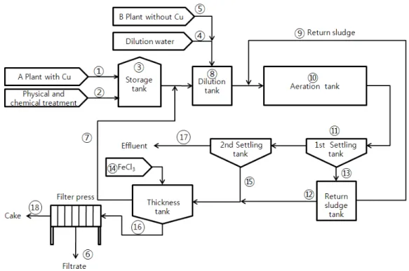 Fig. 1. Diagram of activated sludge process and sampling points.축을 일으켜 체세포 내에는 다량의 구리가 존재 할 수 있다