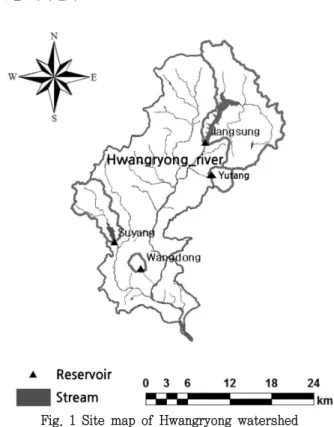 Fig.  1은  황룡강  유역과  장성저수지,  유탕저수지,  수양저수지,  왕동저수지의  상류  유역을  나타낸  것이다. 