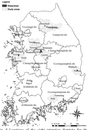 Fig.  2  Locations  of  the  eight  irrigation  districts  for  this  study 한  기후지역에  적용하여  모의  정확성을  평가하여  적용성이  높다 는  결론을  제시하였으며,  Bae  et  al