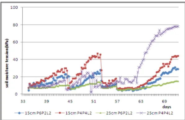 Fig. 1. Change of soil moisture tension(kPa) in 15 cm soil  thickness as affected by difference natural soil  mixture ratio