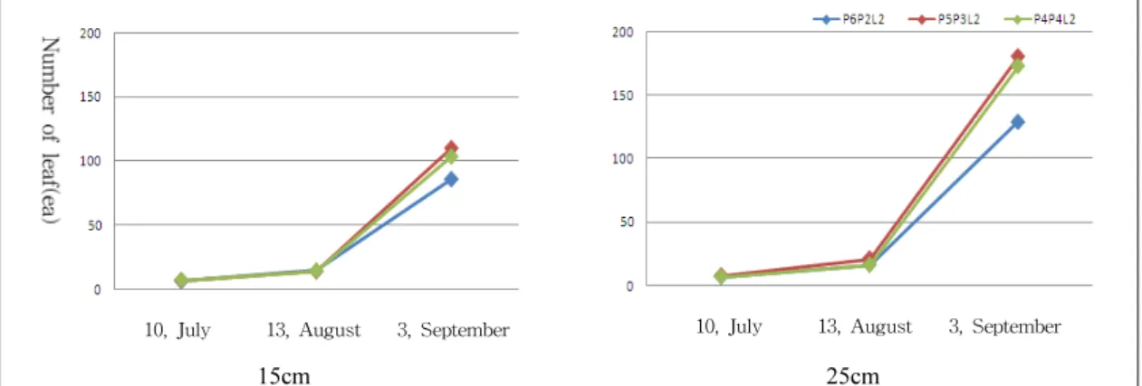 Fig. 4. Effect of soil thickness and soil mixture ratio on the number of leaf setting of Pllioblastus pygmaed in the shallow-  extensive green roof module system.