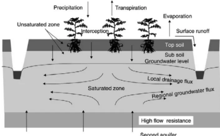 Fig.  2  Hydrological  process  in  Soil-Water-Atmosphere-Plant  (SWAP)  model  (van  Dam  et  al.,  2008)