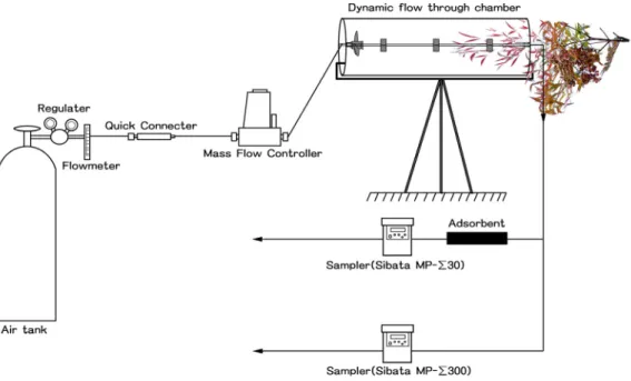 Fig. 1. Schematic diagram for sampling of BVOCs components. 산화탄소 농도와 유사한 농도(380~390 ppm)로 표준 가스 제조업체에 의뢰 및 조제하여 사용하였다