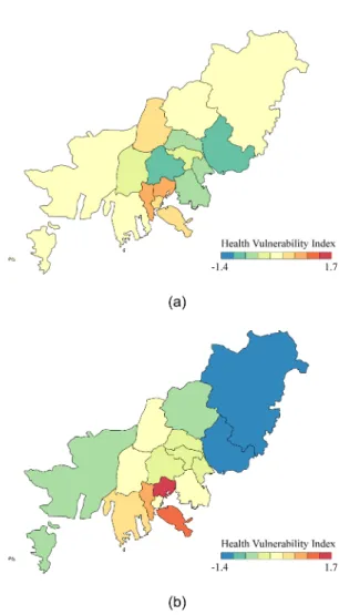 Fig. 7. The spatial distribution of the health vulnerability index in Busan in (a) 2006 and (b) 2010
