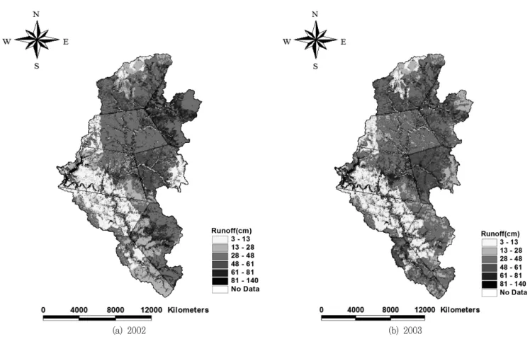 Fig.  7  Spatial  disturibution  of  surface  runoff  at  Imha  Watershed  for  2002  and  2003