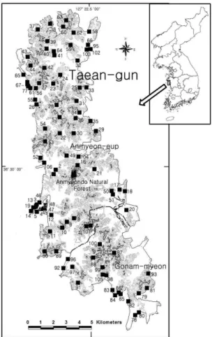 Fig. 1. Map showing the location of 106 plots sampled.