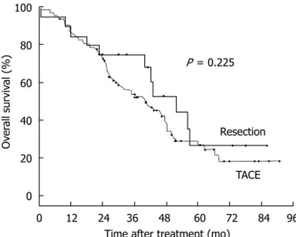 Figure 2  Overall survival curves of surgical resection and transarterial  chemoembolization in patients with liver cirrhosis