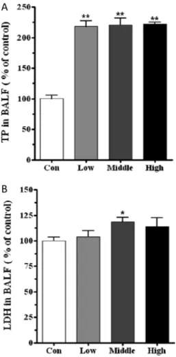 Fig. 4. Biochemical value change in bronchoalveolar lavage fluid (BALF). A: Concentration of total protein