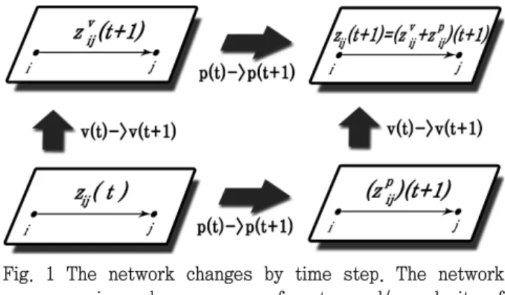 Fig.  1  The  network  changes  by  time  step.  The  network  rewires  when  pressure  of  vertex  and/or  velocity  of  flow  is/are  changed