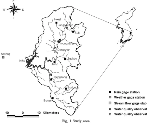 Fig.  1  Study  area단된다.  최근들어서는  국립환경과학원에서는  강우시와  비강우시