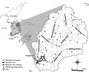Fig.  1  Watershed  location,  stream,  gauging  stations  and  dam  location