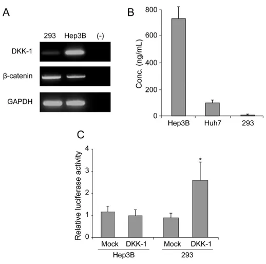 Figure 1.  DKK-1 expression in Hep3B, Huh7, and 293 cells. (A) RT-PCR analysis  showed high DKK-1 mRNA expression in Hep3B cells, low in 293 cells, and none in  the negative control (distilled water)