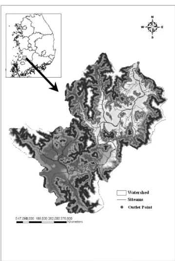 Fig. 1 Location  and  boundary  of  the  Chooryeong-cheon  watershed 회,  강우시  48회로  총  114회  채수하였으며,  그  중  50  mm  이 상의  강우에는  20회,  100  mm  이상의  강우에는  10회  채수하여  분석시료로  사용하였다