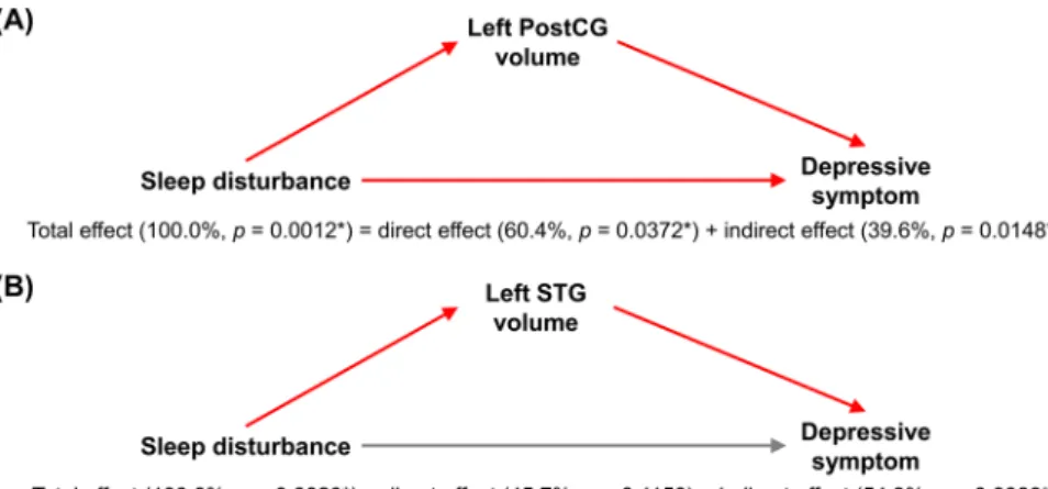 Table 3.  Statistics of tests for the mediation of a mediating variable (grey matter volume) in the relationship  between an independent variable (sleep disturbance) and a dependent variable (depressive symptom)