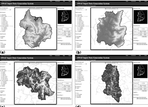 Fig.  5  Extracted  spatial  data  for  the  four  different  watersheds  with  delineated  watershed  containing  DEM  and  land  use  :  (a)  Gapyong,  (b)  Namyangju,  (c)  Icheon,  (d)  Gwangju